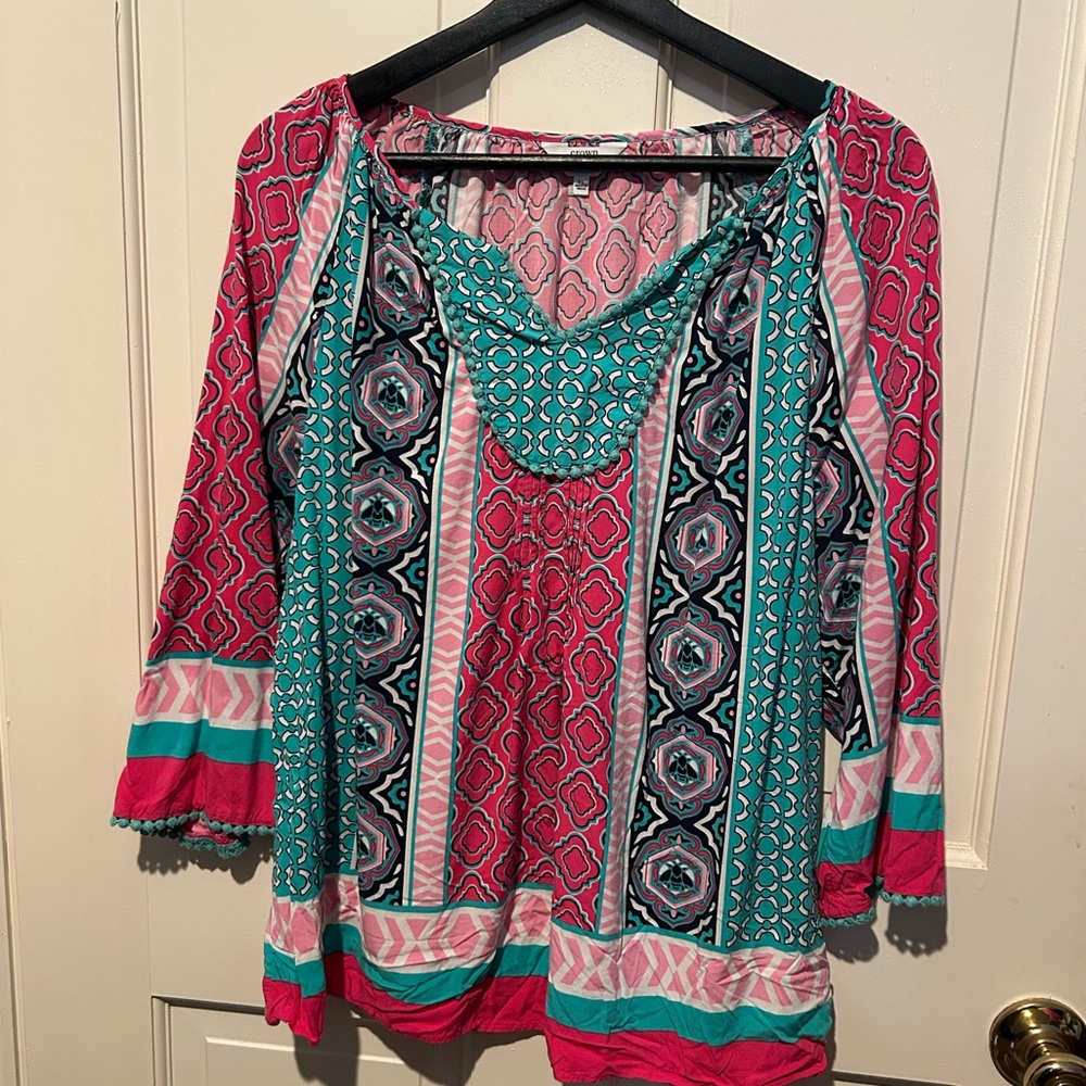 Crown & Ivy Aztec Multi patern Tassel Blouse PL